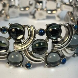 Trifari Link Bracelet Silver Grey Blue Cabochon Vintage Mid Century Art Deco